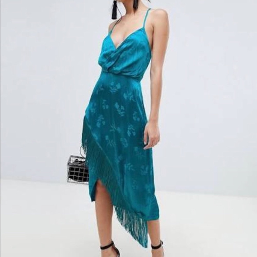 ASOS teal midi jacquard fringe dress